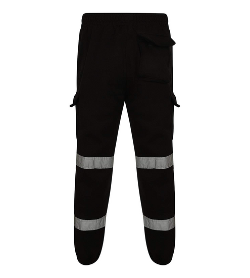 Back side of Black Hi vis Jogging bottoms. Joggers have two hi vis bands, cargo pockets and a back side pocket.