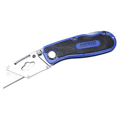 Portwest Folding utility knife. Knife has black and blue handle and silver tip and blade.