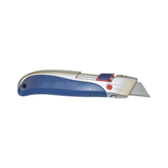 Silver and blue retractable safety cutter. Cutter has silver blade and red contrast through out.