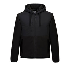 Portwest KX3 Borg Fleece in grey with black panel over shoulders, chest and outer hood. Hood with drawstring, full zip fastening and two lower zipped pockets.