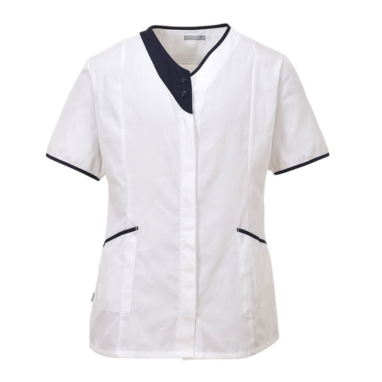 Portwest Modern tunic, White Tunic with Navy trim around neck, pockets and sleeves. Tunics have two side pockets.