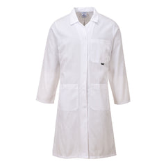 White Portwest Ladies Coat with collar and low neck and pocket on left breast