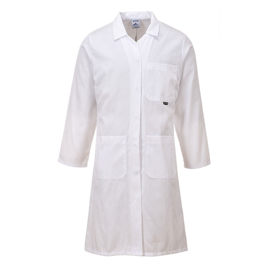 White Portwest Ladies Coat with collar and low neck and pocket on left breast