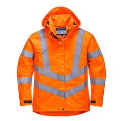 Orange Ladies Hi vis breathable jacket with two waist bands and shoulder bands. Pop button and zip fasten with waist pockets and visible hood.