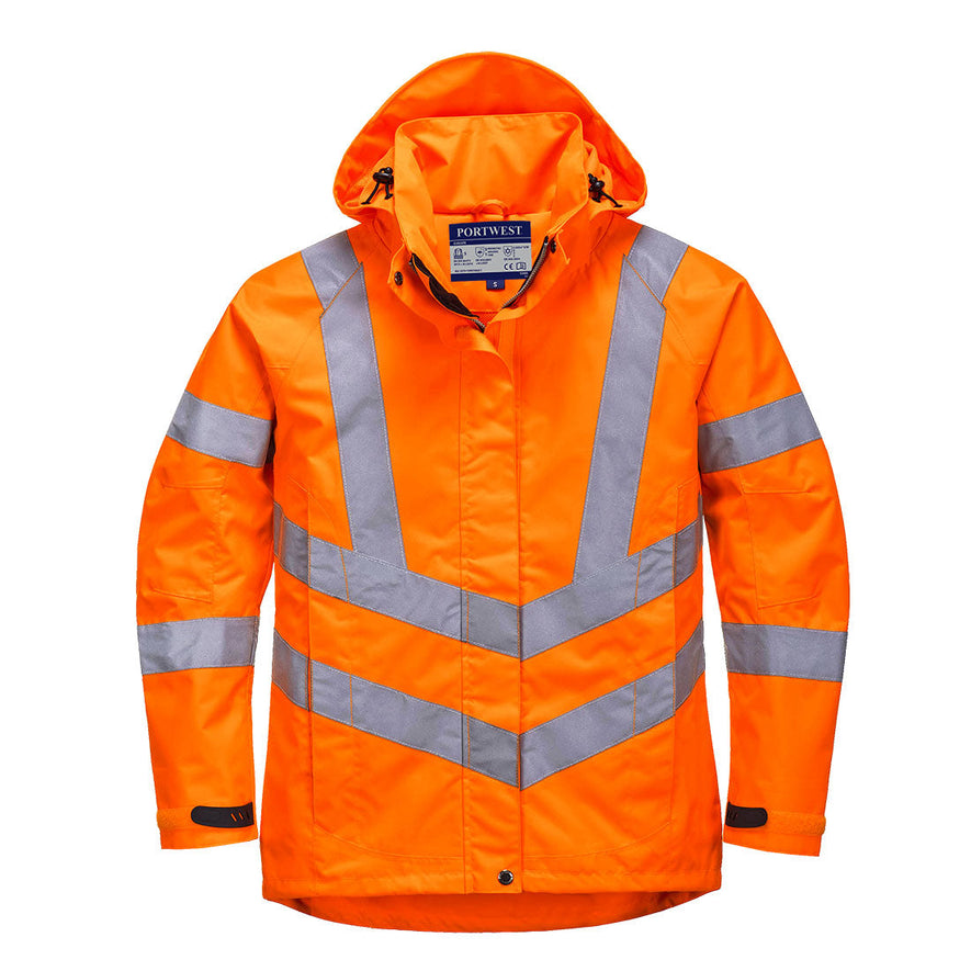 Orange Ladies Hi vis breathable jacket with two waist bands and shoulder bands. Pop button and zip fasten with waist pockets and visible hood.