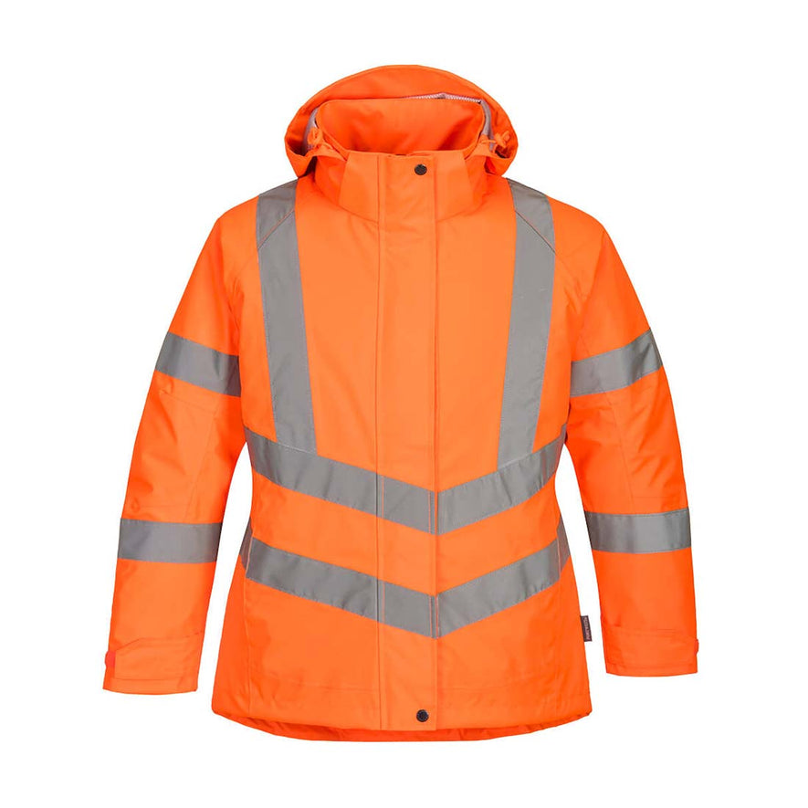 Orange Ladies Hi vis winter jacket with two waist bands and shoulder bands. Pop button and zip fasten with waist pockets and visible hood.