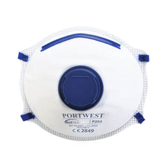 White FFP2 moulded mask with blue straps, a blue valve and blue writing.