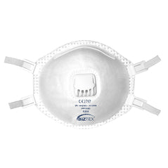 White FFP3 moulded mask with white straps, a white valve and blue writing.