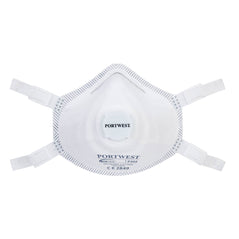 White FFP3 moulded mask with white straps, a white valve and blue writing.