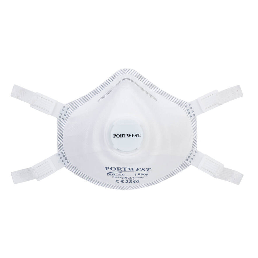White FFP3 moulded mask with white straps, a white valve and blue writing.