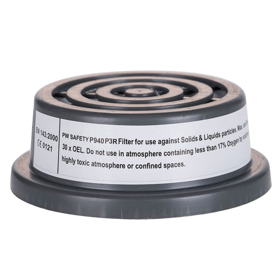 Grey P3 particle filter. Filter has a special thread connection for facemasks. 