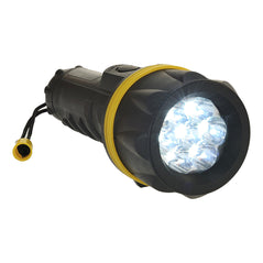 Black and yellow LED light with a string for assistance with holding.