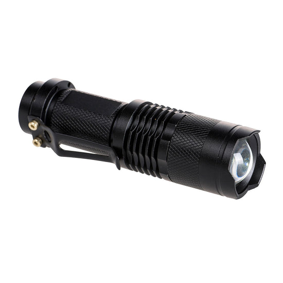 Black high powered pocket torch with LED lights and a fabric handle loop.