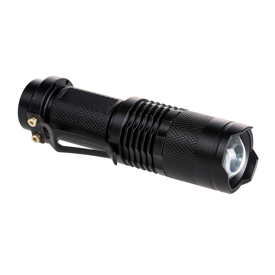 Black high powered pocket torch with LED lights and a fabric handle loop.