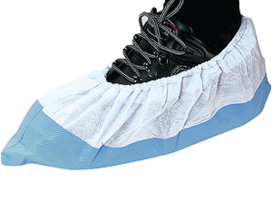 Blue and white non slip overshoe. On top of a black boot.
