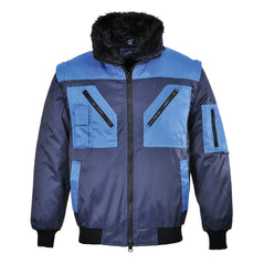 Navy Portwest two tone pilot jacket. Jacket has a black fur collar, elasticated bottom and wrist. Jacket has pockets on the arms, sides and chest as well as a phone pocket. Pockets are zip fasten. Jacket has Royal Blue contrast on the shoulders, chest and pocket areas.