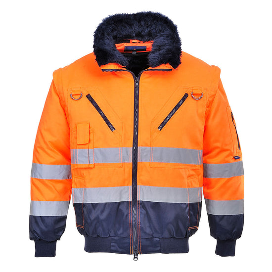 Orange Hi vis three in one pilot jacket with two waist bands. Zip fasten with waist pockets, zip chest pocket with d loops a phone pocket and fluffy collar. Jacket has navy contrast on the bottom of the jacket and the arms.