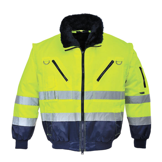Yellow Hi vis three in one pilot jacket with two waist bands. Zip fasten with waist pockets, zip chest pocket with d loops a phone pocket and fluffy collar. Jacket has navy contrast on the bottom of the jacket and the arms.