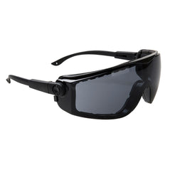 Smoke lens focus spectacle with black frame and black arms.