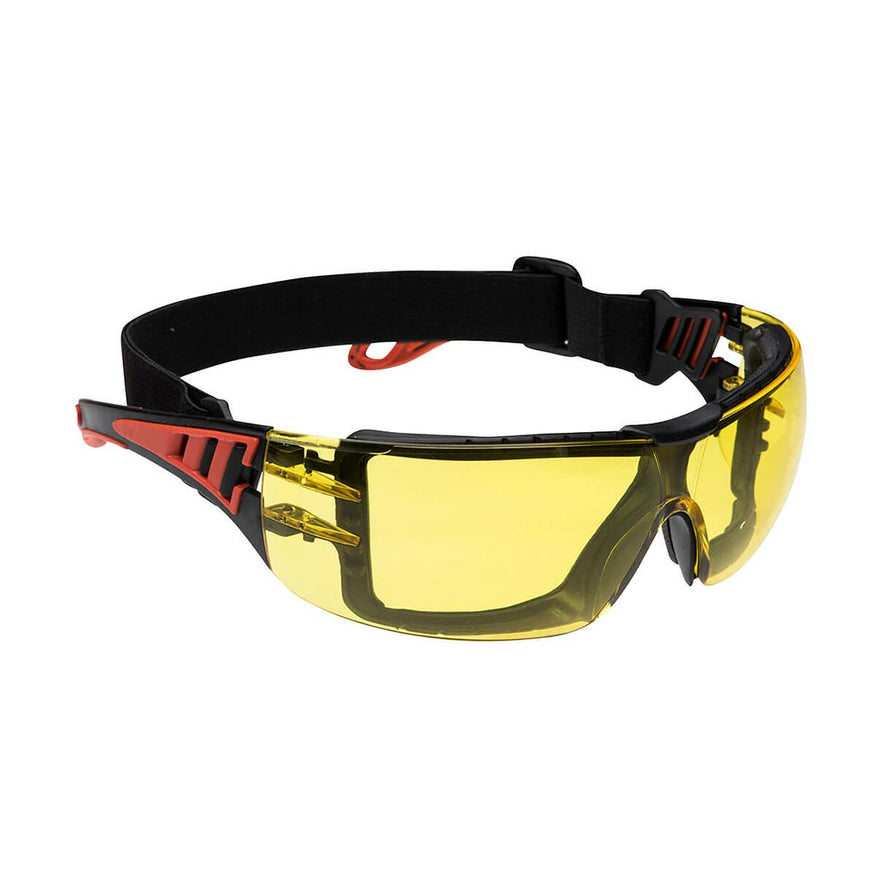 Amber Lens portwest tech look plus spectacle. Spectacle has black elasticated headband, black spec frame and orange contrast.