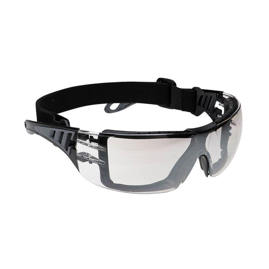 Mirror Lens portwest tech look plus spectacle. Spectacle has black elasticated headband, black spec frame and grey contrast.