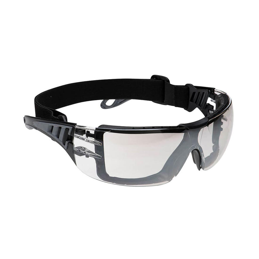 Mirror Lens portwest tech look plus spectacle. Spectacle has black elasticated headband, black spec frame and grey contrast.