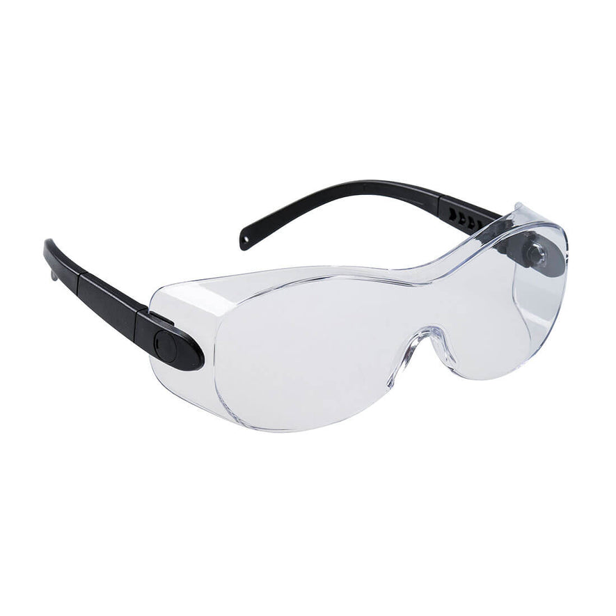 Clear portwest over spectacles. Spectacles have black arms.