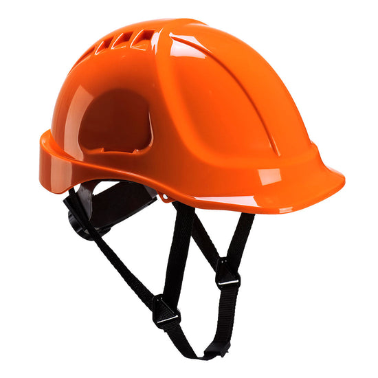 Orange endurance plus hard hat with black chin straps.