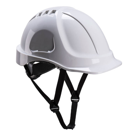 White endurance plus hard hat with black chin straps.