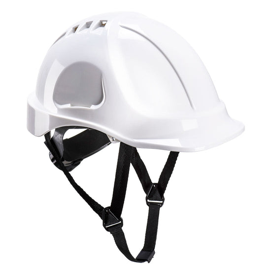 White endurance hard hat with black chin straps.