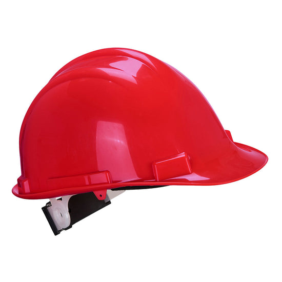 Red expertise safety hard hat with wheel fasten.