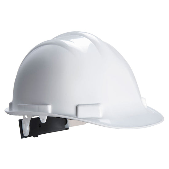 White expertise safety hard hat with wheel fasten.