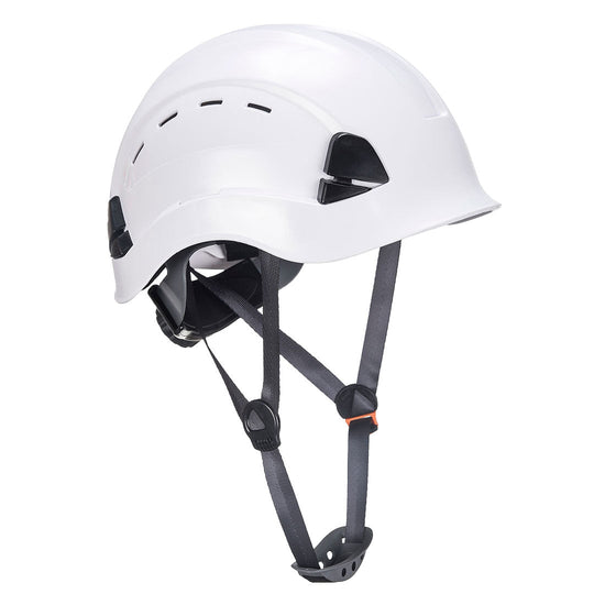 White Height endurance vented hard hat with black chin straps.