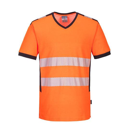 PW3 Hi-Vis V-Neck T-Shirt in yellow with black trim on collar and sleeves and reflective strips 
