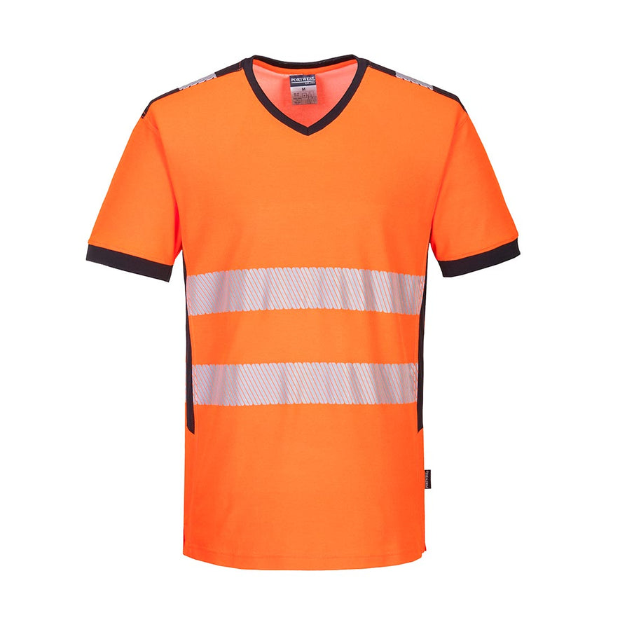 PW3 Hi-Vis V-Neck T-Shirt in yellow with black trim on collar and sleeves and reflective strips 