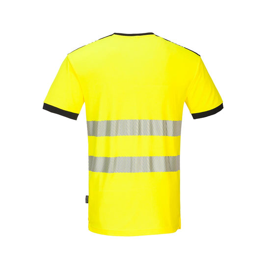 PW3 Hi-Vis V-Neck T-Shirt in orange with black trim on collar and sleeves and reflective strips 