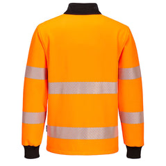 Back of Portwest PW3 Hi-Vis Quarter Zip Sweatshirt in orange with black panels on collar and elasticated cuffs on sleeves. Reflective strips on body and arms. 