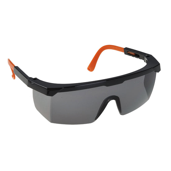 smoke lens safety glasses with black and orange frame.