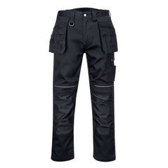 Black PW3 cotton work holster trouser. Trouser has white contrast lines on the mid of the trouser. Kneepad pockets and holster pockets with a d ring loop.