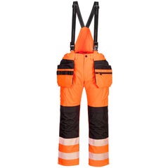 Portwest PW3 Hi-Vis Rain Trousers in orange with black panels on knees, pockets and straps over shoulders. Reflective strips on ankles and pockets on hips attached to waist band.