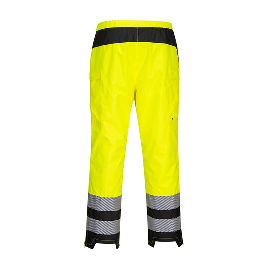 PW3 Hi-Vis Women's Rain Trouser in yellow with black shin detail and reflective strips