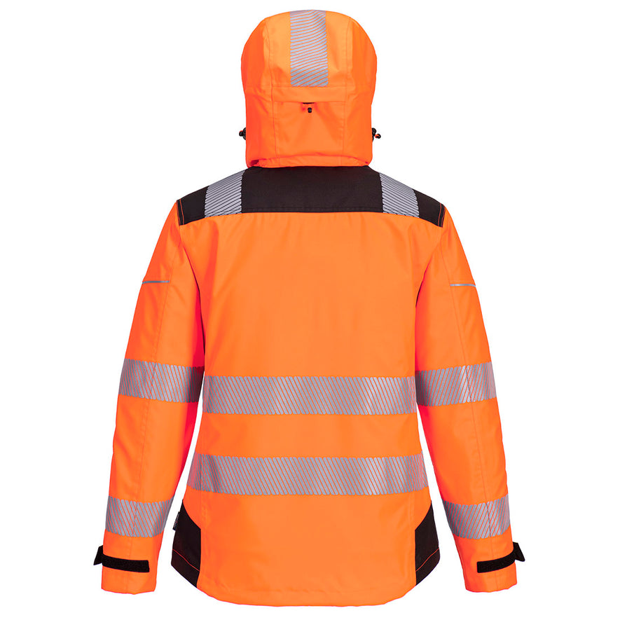 Back of Portwest PW3 Hi-Vis Women's Rain Jacket in orange with black panels on shoulders, wrists and body. Reflective strips on hood, shoulders, body and arms. 