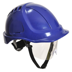 Blue endurance plus hard hat with clear visor. hard hat has black chin straps.