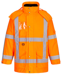 Portwest RWS Hi-Vis 3-in-1 Traffic Jacket in orange with reflective strips on front and arms, pockets on chest and lower body with flaps, ID pockets, shoulder flaps, hood and zip fastening with concealing flap secured by poppers.