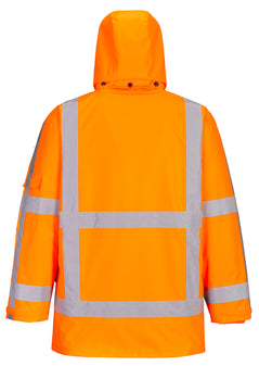Portwest RWS Hi-Vis 3-in-1 Traffic Jacket in orange with reflective strips on back and arms, hood with black poppers attaching hood to collar. 
