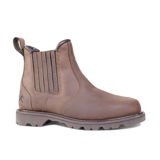 Brown Chelsea Boot with brown sole, elasticated panel on side of ankle and pull loop on back of ankle.
