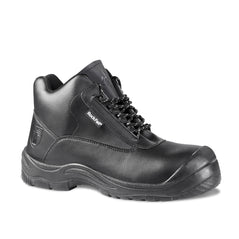 Black Vegan Leather Safety Boot with laces, sole, scuff cap, high ankle support and stitching pattern on side. Rock Fall branding on side.