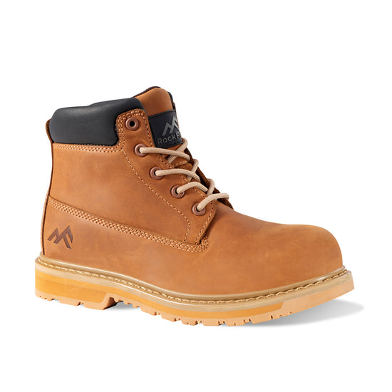 Brown Women's Safety boot with black panel on high rise ankle support, beige sole and beige laces.