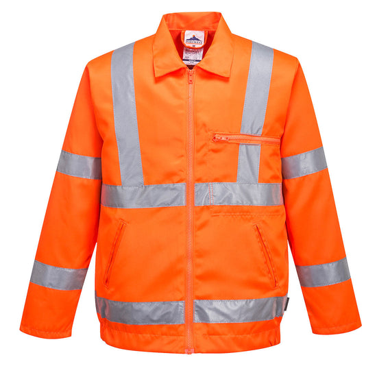 Orange Hi Vis poly-cotton jacket. Jacket has hi vis bands on the arms, body and shoulders. Jacket also has zip chest pocket. Jacketl has front fasten.