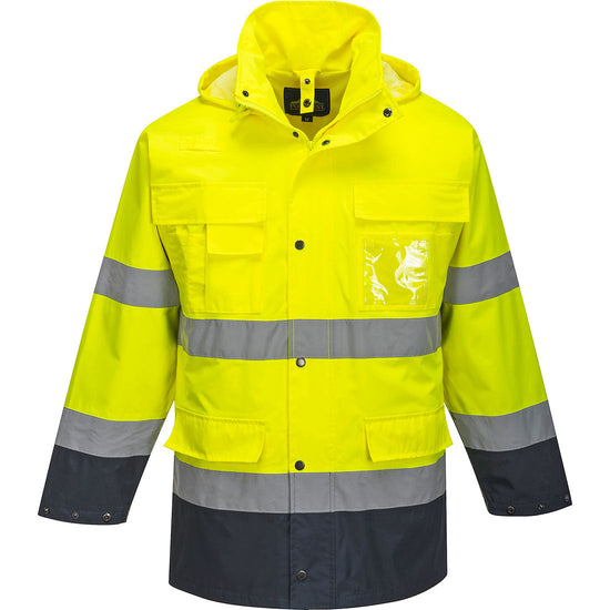 Yellow Hi vis lite three in one contrast jacket with two waist bands. Zip and Pop button fasten with waist pockets, chest pockets, a phone pocket and id badge holder and visible hood. Jacket has navy contrast on the bottom of the jacket and arms.